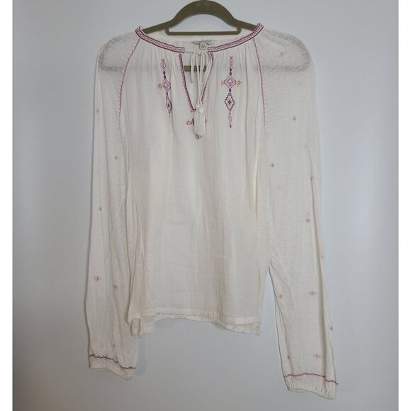 Lucky Brand Long‎ Sleeve Peasant Boho Embroidered Blouse Tassel Tie Size Large - Picture 1 of 10
